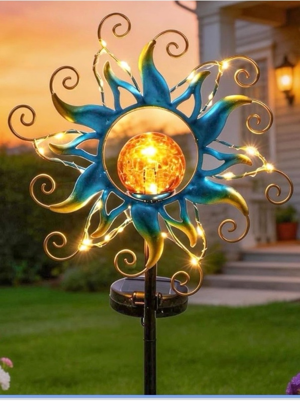 New Solar Sun Garden Stake Light Blue Metal Crackle Glass Globe 30 LED Outdoor